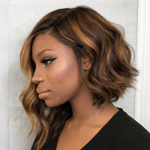 Asymmetrical Short Bob Wigs with Side Part Highlights Lace Front Human Hair Wigs