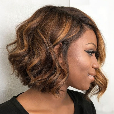 Asymmetrical Short Bob Wigs with Side Part Highlights Lace Front Human Hair Wigs