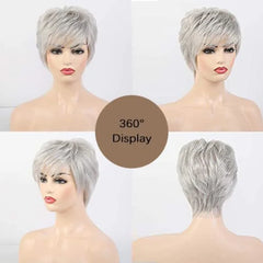 100% Human Hair Short Wig 4 Inch 150% Density Full Machine Made Light Gray Pixie Cut Wig Natural Looking For Daily Use
