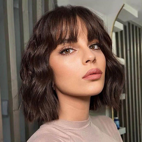 Chocolate Brown Short Wave Bob Wigs With Bangs Closure Lace Human Hair Wigs