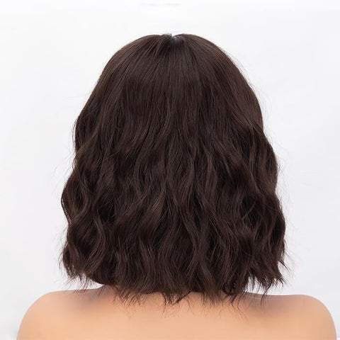 Chocolate Brown Short Wave Bob Wigs With Bangs Closure Lace Human Hair Wigs