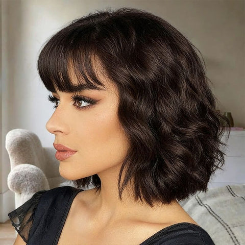 Chocolate Brown Short Wave Bob Wigs With Bangs Closure Lace Human Hair Wigs