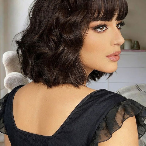 Chocolate Brown Short Wave Bob Wigs With Bangs Closure Lace Human Hair Wigs
