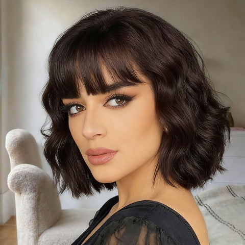 Chocolate Brown Short Wave Bob Wigs With Bangs Closure Lace Human Hair Wigs