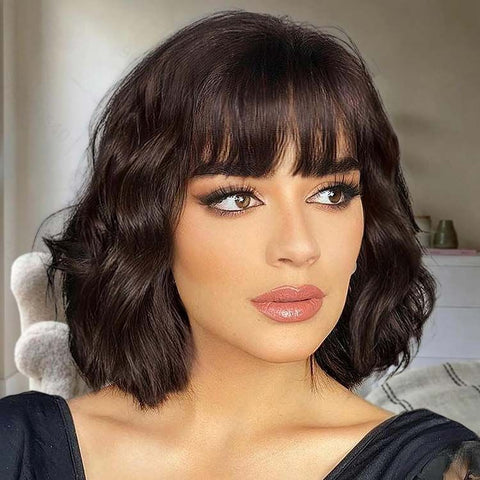 Chocolate Brown Short Wave Bob Wigs With Bangs Closure Lace Human Hair Wigs