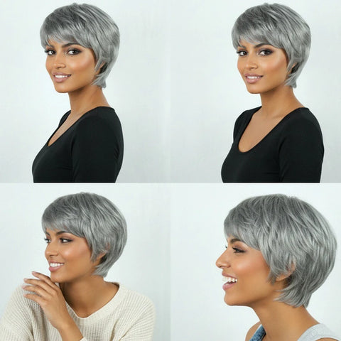 Gray 4 Inch Pixie Cut Finger Waves Wigs Brazilian Human Hair 100% Natural Realistic Tangle Free Full Machine Made For Women