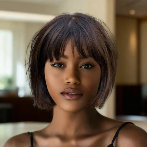 Pixie Cut Brown Bob Wigs With Bangs Pre Cut Lace Glueless Human Hair Wigs