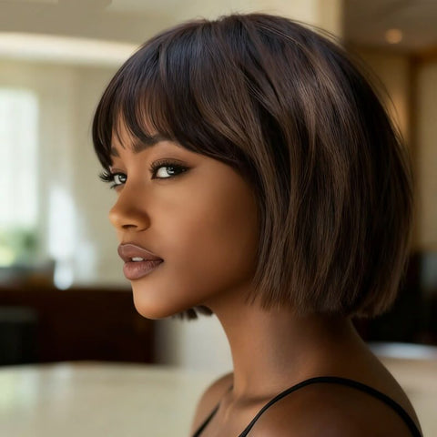 Pixie Cut Brown Bob Wigs With Bangs Pre Cut Lace Glueless Human Hair Wigs