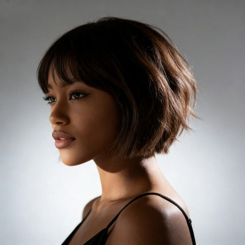 Pixie Cut Brown Bob Wigs With Bangs Pre Cut Lace Glueless Human Hair Wigs