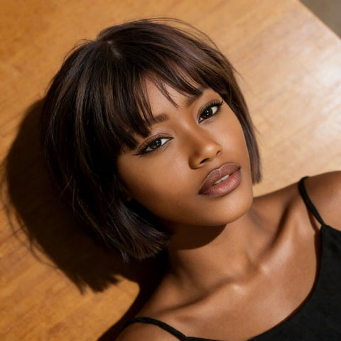 Pixie Cut Brown Bob Wigs With Bangs Pre Cut Lace Glueless Human Hair Wigs