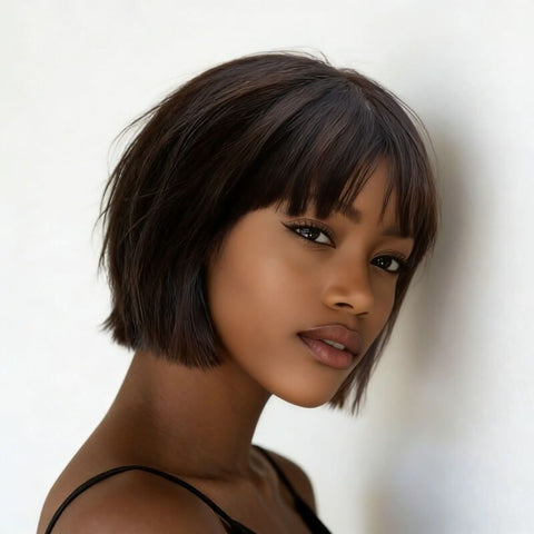 Pixie Cut Brown Bob Wigs With Bangs Pre Cut Lace Glueless Human Hair Wigs