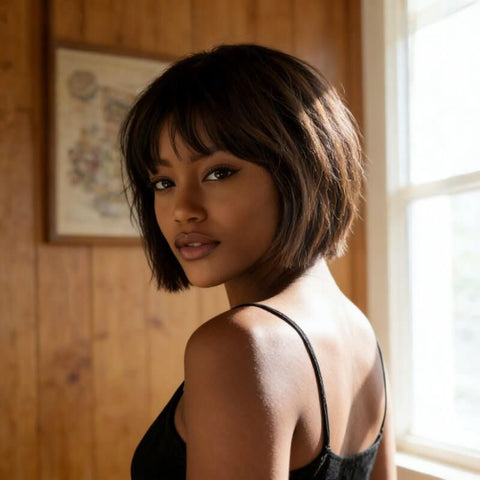 Pixie Cut Brown Bob Wigs With Bangs Pre Cut Lace Glueless Human Hair Wigs