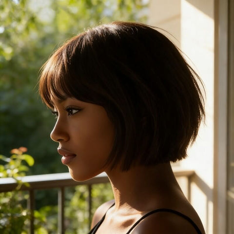 Pixie Cut Brown Bob Wigs With Bangs Pre Cut Lace Glueless Human Hair Wigs