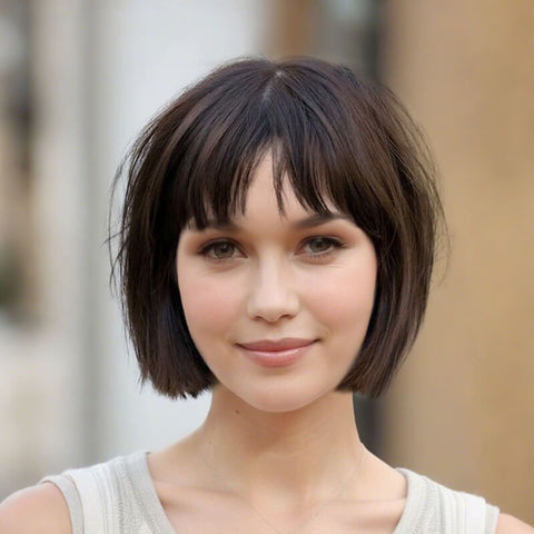 Pixie Cut Brown Bob Wigs With Bangs Pre Cut Lace Glueless Human Hair Wigs