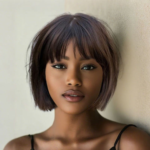 Pixie Cut Brown Bob Wigs With Bangs Pre Cut Lace Glueless Human Hair Wigs