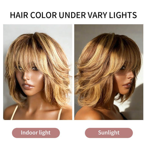 Honey Blonde Highlights Bob Wigs With Bangs Lace Front Glueless Human Hair Wigs