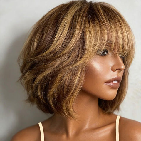 Honey Blonde Highlights Bob Wigs With Bangs Lace Front Glueless Human Hair Wigs