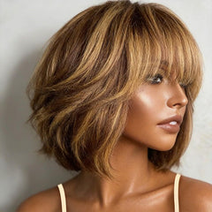 Honey Blonde Highlights Bob Wigs With Bangs Lace Front Glueless Human Hair Wigs