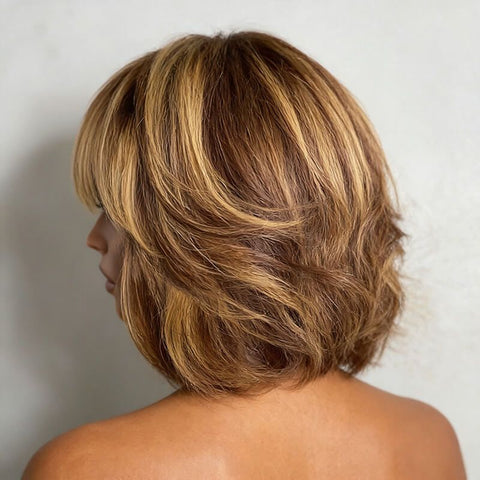 Honey Blonde Highlights Bob Wigs With Bangs Lace Front Glueless Human Hair Wigs