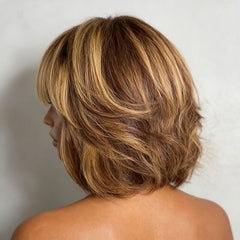 Honey Blonde Highlights Bob Wigs With Bangs Lace Front Glueless Human Hair Wigs