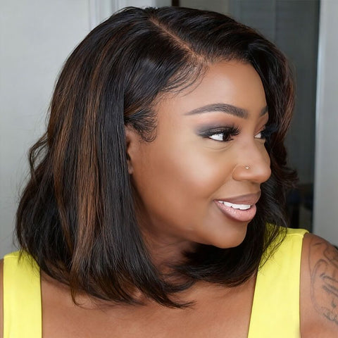 Glueless Brown Highlight Bob Wavy Lace Frontal Human Hair Wigs
