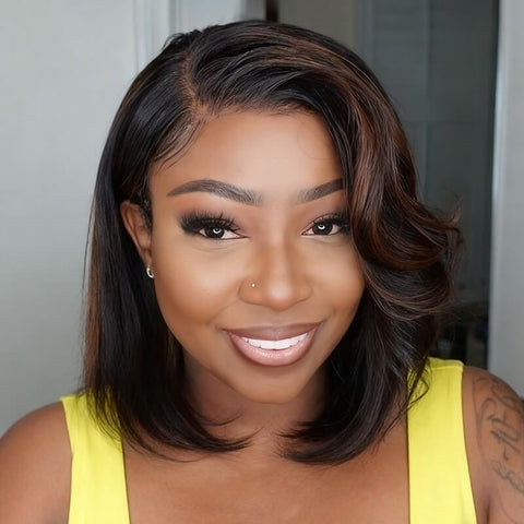 Glueless Brown Highlight Bob Wavy Lace Frontal Human Hair Wigs
