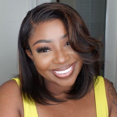 Glueless Brown Highlight Bob Wavy Lace Frontal Human Hair Wigs
