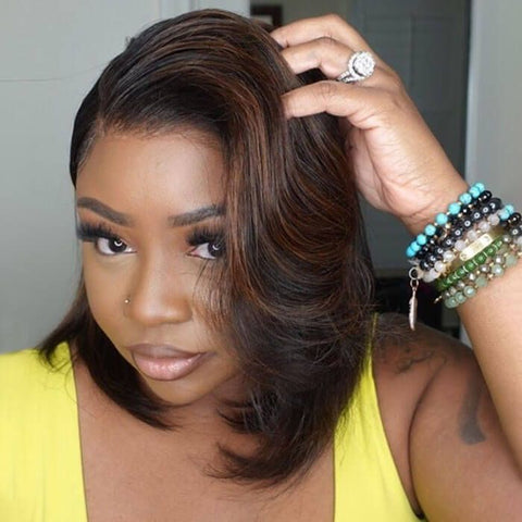 Glueless Brown Highlight Bob Wavy Lace Frontal Human Hair Wigs