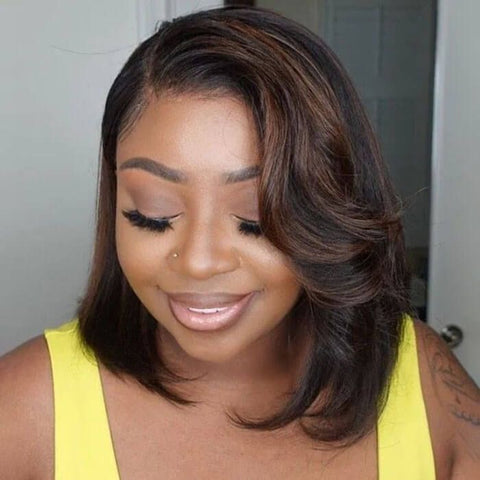 Glueless Brown Highlight Bob Wavy Lace Frontal Human Hair Wigs