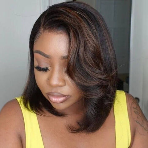 Glueless Brown Highlight Bob Wavy Lace Frontal Human Hair Wigs
