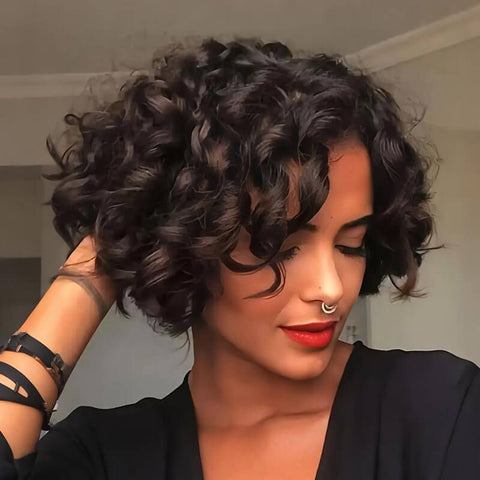 Glueless Brown Curly Bob Wigs With Bangs Lace Front Human Hair Wigs