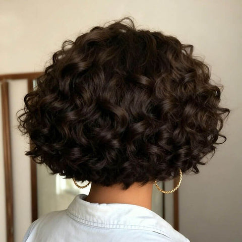 Glueless Brown Curly Bob Wigs With Bangs Lace Front Human Hair Wigs