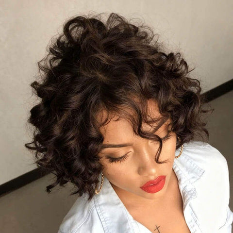 Glueless Brown Curly Bob Wigs With Bangs Lace Front Human Hair Wigs