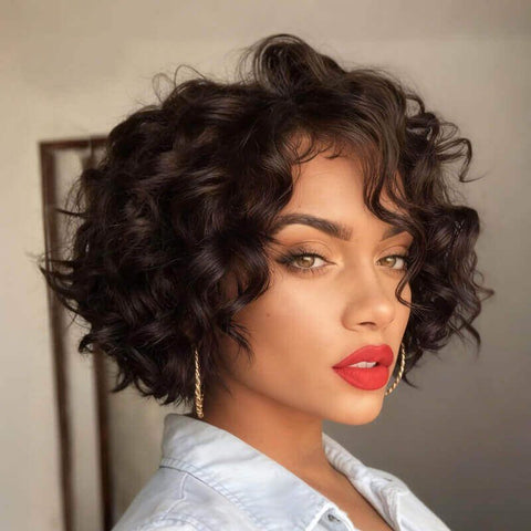 Glueless Brown Curly Bob Wigs With Bangs Lace Front Human Hair Wigs