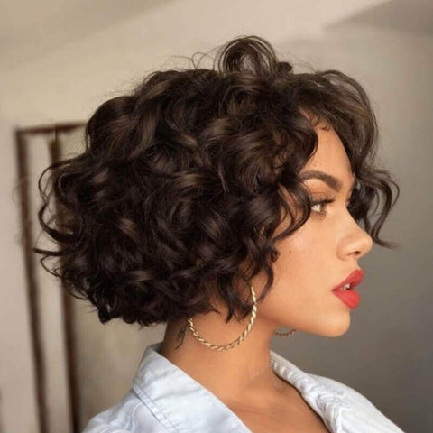 Glueless Brown Curly Bob Wigs With Bangs Lace Front Human Hair Wigs