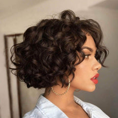 Glueless Brown Curly Bob Wigs With Bangs Lace Front Human Hair Wigs