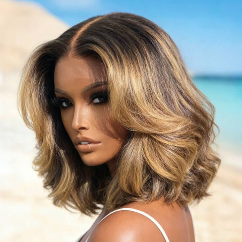 Designer Highlight Middle Part Layered Short Bob Wig Lace Front Human Hair Wigs