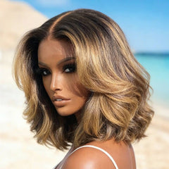 Designer Highlight Middle Part Layered Short Bob Wig Lace Front Human Hair Wigs