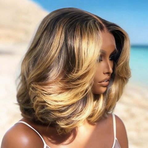 Designer Highlight Middle Part Layered Short Bob Wig Lace Front Human Hair Wigs