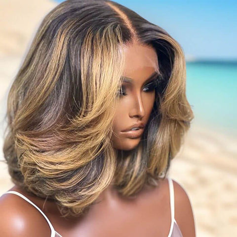 Designer Highlight Middle Part Layered Short Bob Wig Lace Front Human Hair Wigs