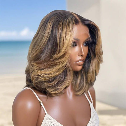 Designer Highlight Middle Part Layered Short Bob Wig Lace Front Human Hair Wigs