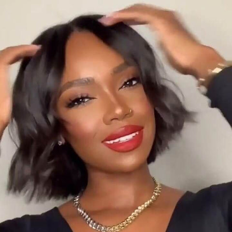 Short Wavy Bob Black Women Natural Brown Hair Lace Front Human Hair Wigs