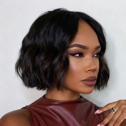 Short Wavy Bob Black Women Natural Brown Hair Lace Front Human Hair Wigs