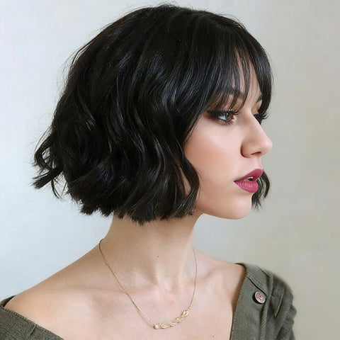 Short Bob Wigs With Bangs Natural Black Wave Lace Front Human Hair Wigs