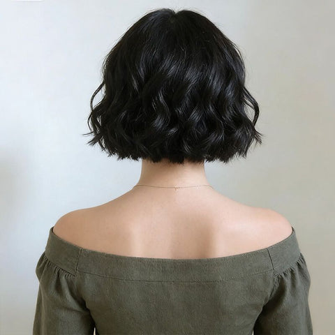 Short Bob Wigs With Bangs Natural Black Wave Lace Front Human Hair Wigs