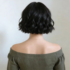 Short Bob Wigs With Bangs Natural Black Wave Lace Front Human Hair Wigs