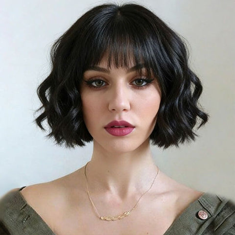 Short Bob Wigs With Bangs Natural Black Wave Lace Front Human Hair Wigs