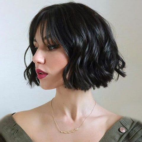 Short Bob Wigs With Bangs Natural Black Wave Lace Front Human Hair Wigs