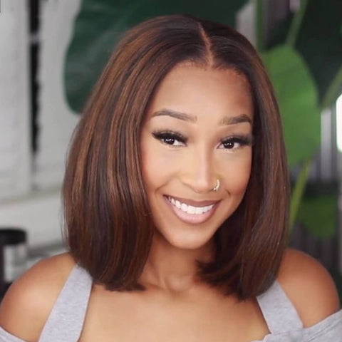 Blunt Cut Short Bob Wig With Brown Highlight Lace Front Human Hair Wigs