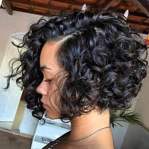 Glueless Short Curly Bob Wigs with Side Part Lace Front Human Hair Wigs
